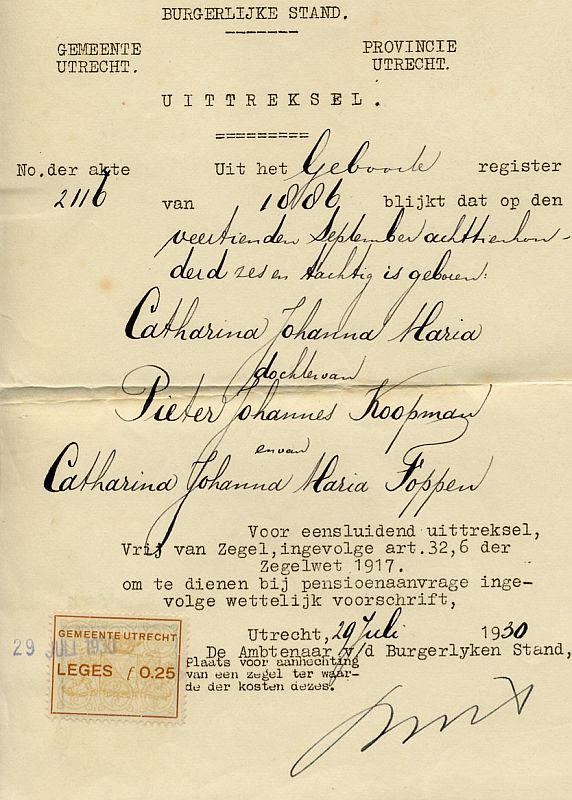 Extract of the birth certificate of Catharina Johanna Maria Koopman