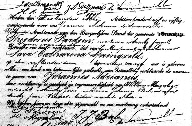 Birth certificate of Johannes Adrianus Pardoen