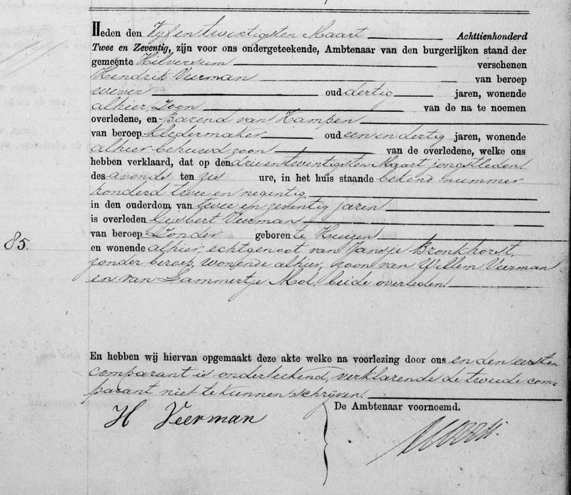 Death certificate of Gijsbert Veerman