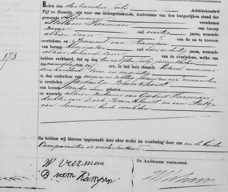 Death certificate of Jannetje Bronkhorst