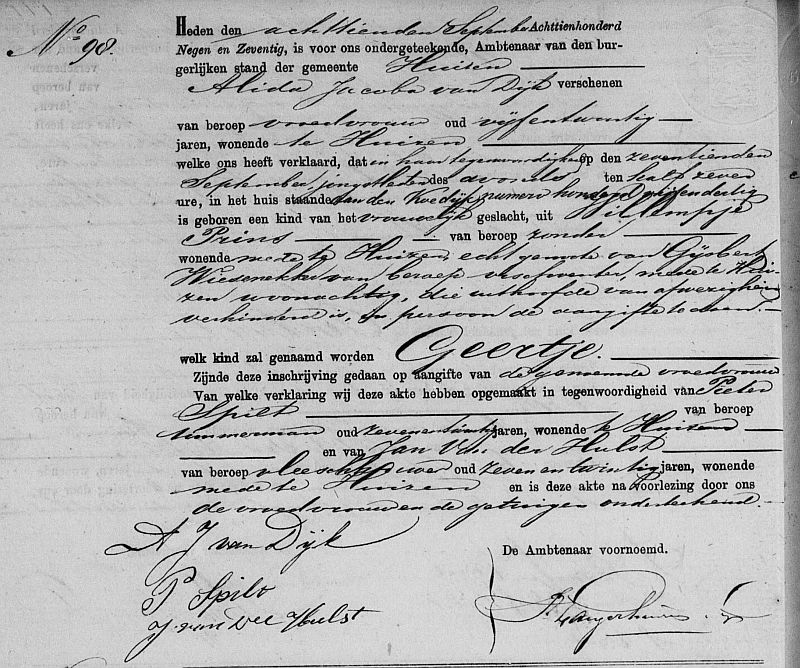 Birth certificate of Geertje Wiesenekker, Huizen