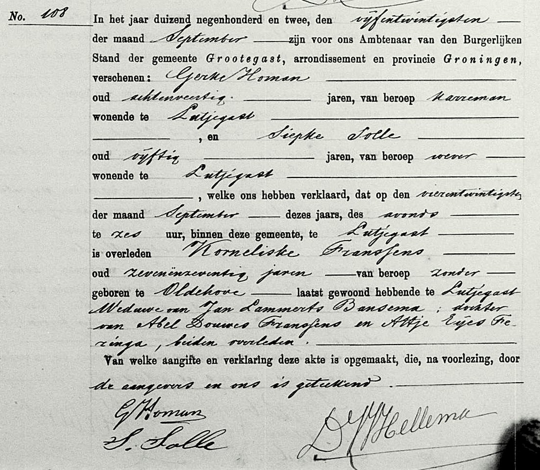 Death certificate of Korneliske Abels Franssens