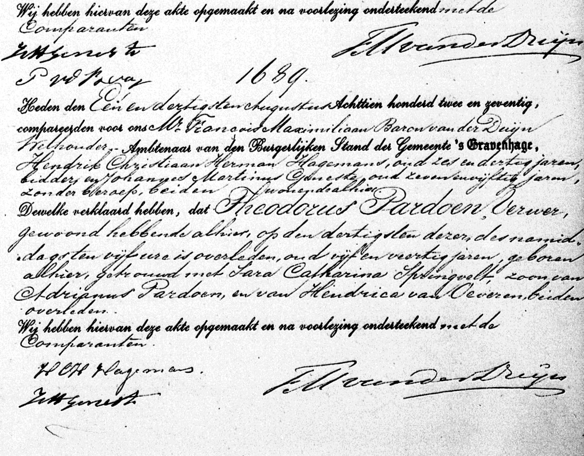 Death certificate of Theodorus Pardoen