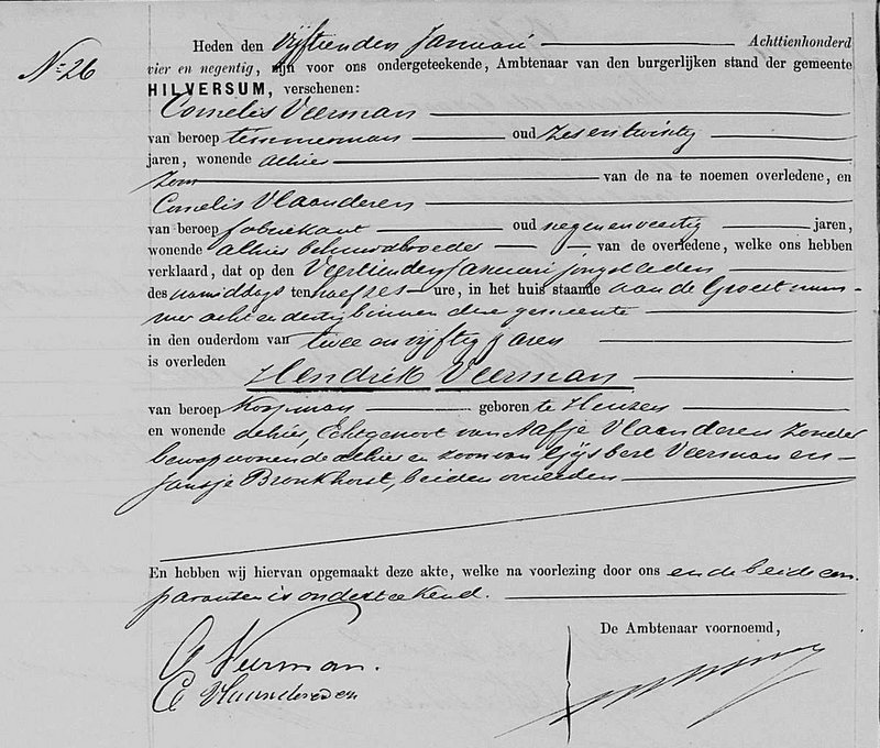 Death certificate of Hendrik Veerman