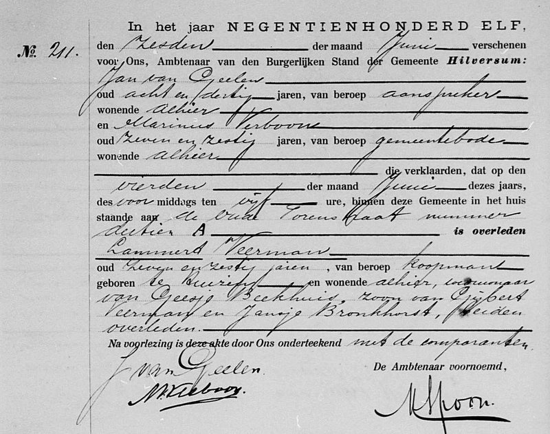 Death certificate of Lammert Veerman