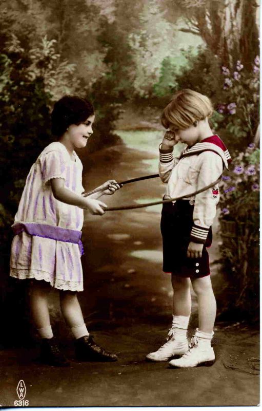 Postcard of children playing with a hoop