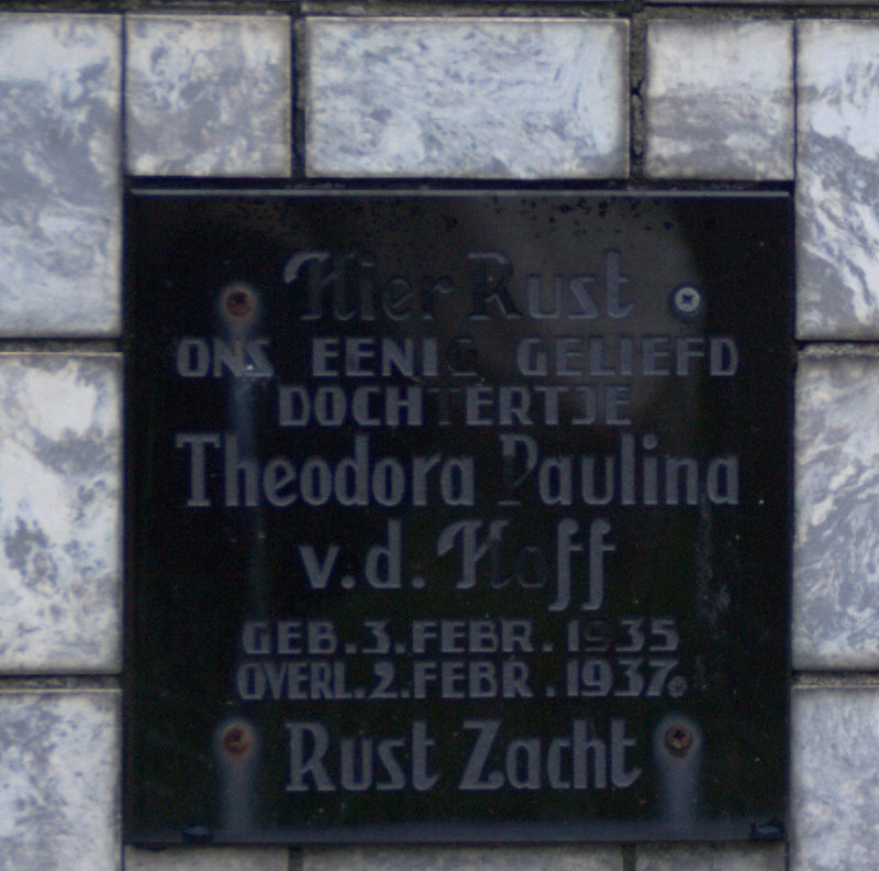 Tombstone inscription for Theodora Paulina van den Hoff, Catholic Cemetery, Wijk bij Duurstede