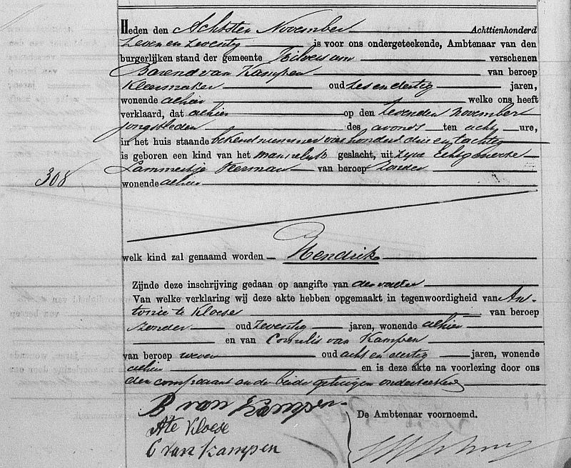 Birth certificate of Hendrik van Kampen