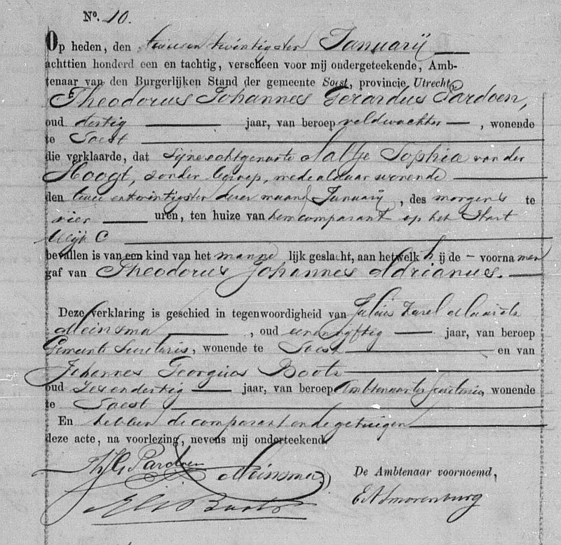 Birth certificate of Theodorus Johannes Adrianus Pardoen