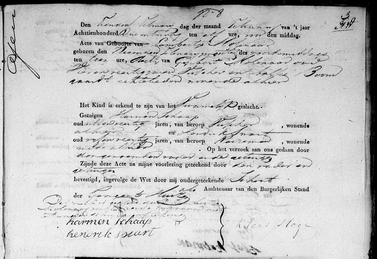 Birth certificate of Lambertje Molenaar