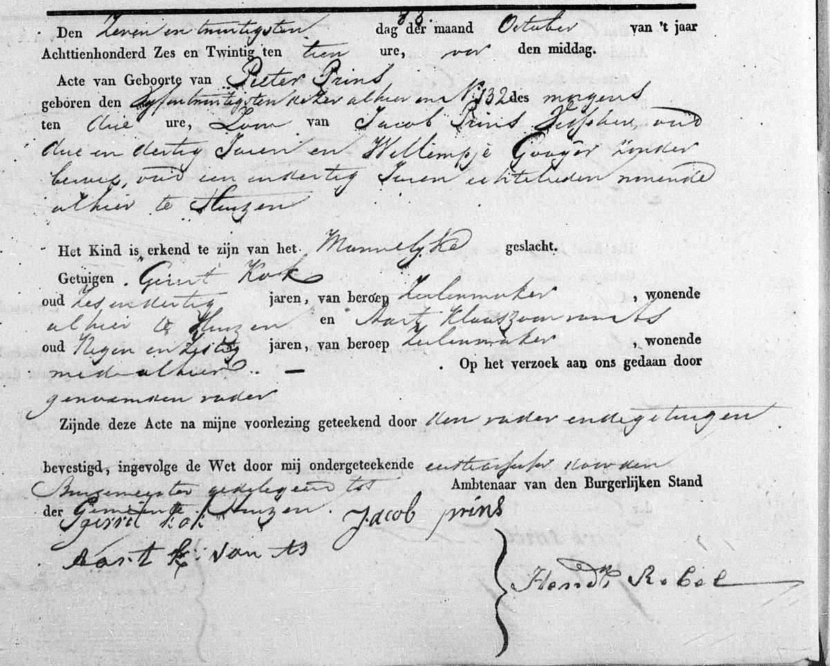 Birth certificate of Pieter Prins