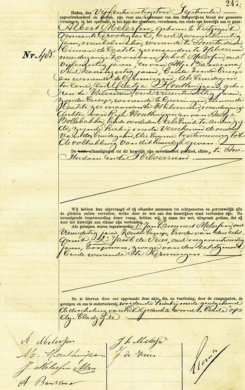 Marriage certificate of Albert Melessen and Mietje Houthuijzen