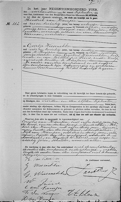 Marriage certificate of Hendrik van Kampen and Geertje Wiesenekker