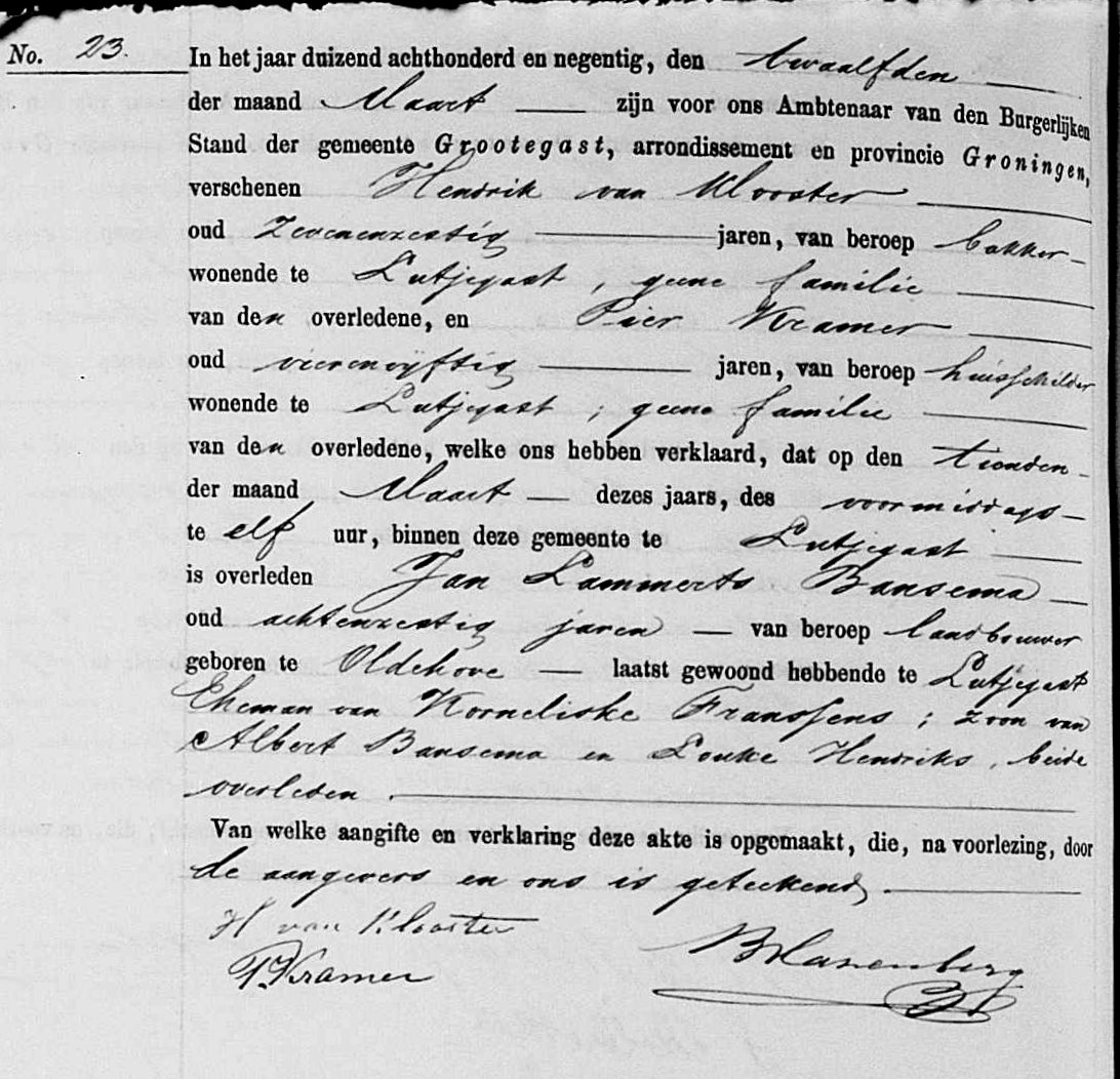 Death certificate of Jan Lammerts Bansema
