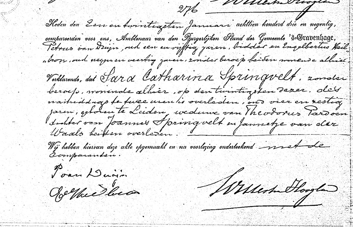 Death certificate of Sara Catharina Springvelt