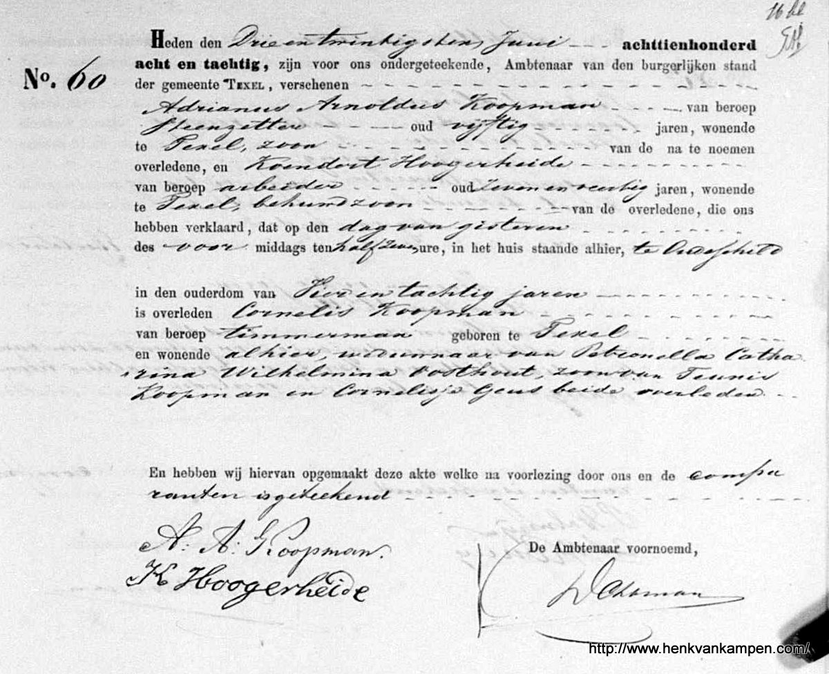Death certificate of Cornelis Teunisz Koopman