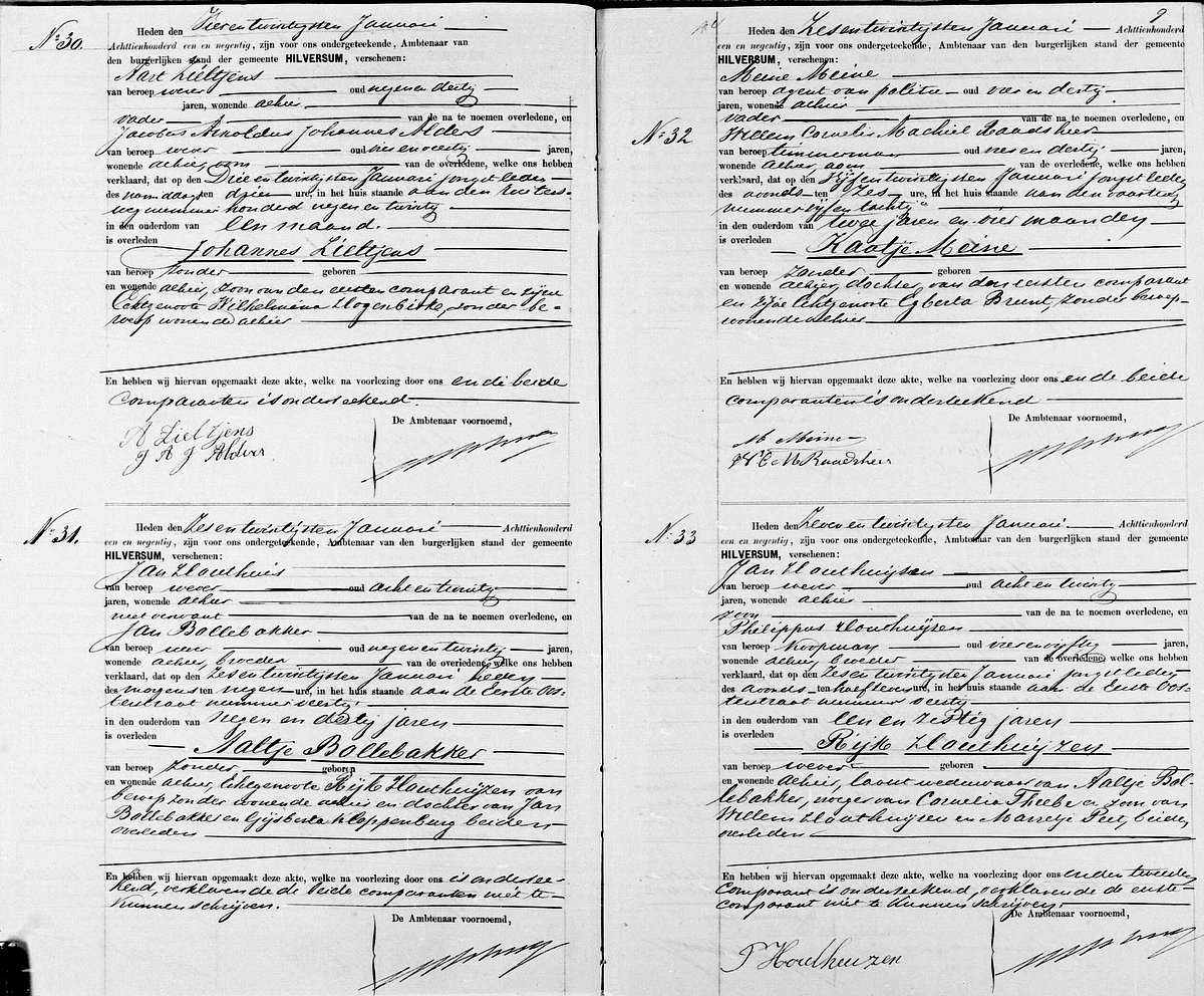 Death certificates of Rijk Houthuijzen and Aaltje Bollebakker
