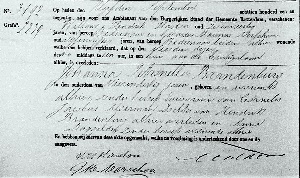 Death certificate of Johanna Petronella Brandenburg